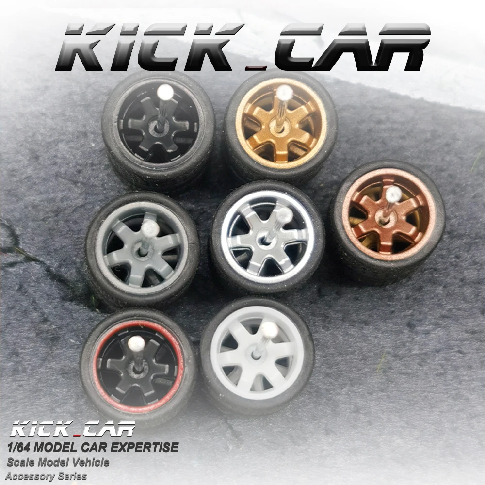 Ruote 1/64 con pneumatici fissi in gomma nera a sei raggi per modellini giocattolo Auto pressofuse Parti di rimontaggio per Hotwheels (5 set per 5 auto)