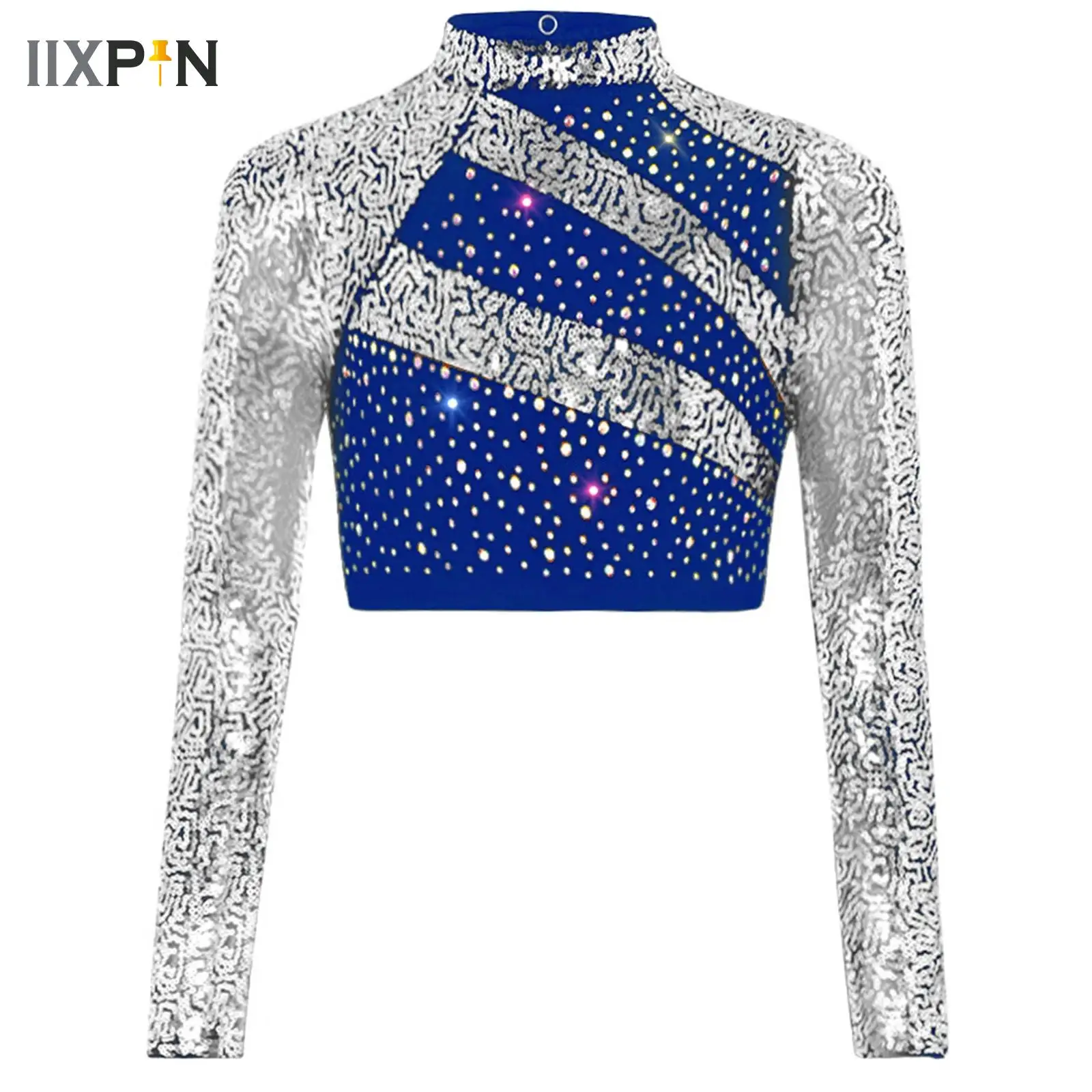 Girls Lyrical Dance Crop Tops Ballet Jazz Hip Hop Modern Dance Tshirts Costume Long Sleeve Sequin Crop Top for Stage Performance