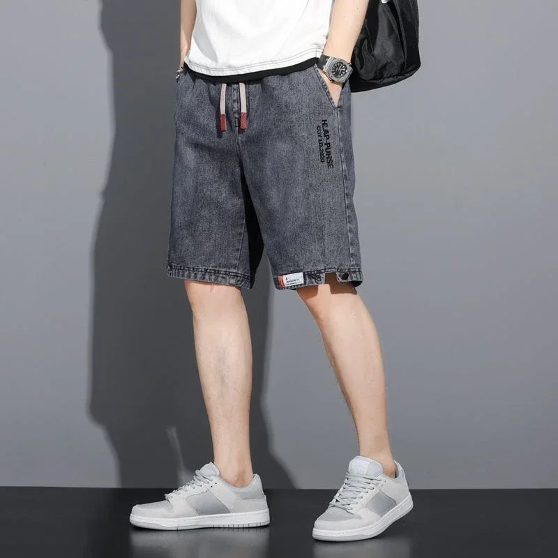 Male Denim Shorts Loose Wide Ripped Baggy Gray Men's Short Jeans Pants Trend 2024 Buttons Y2k Fashion Cut New in Streetwear Xl