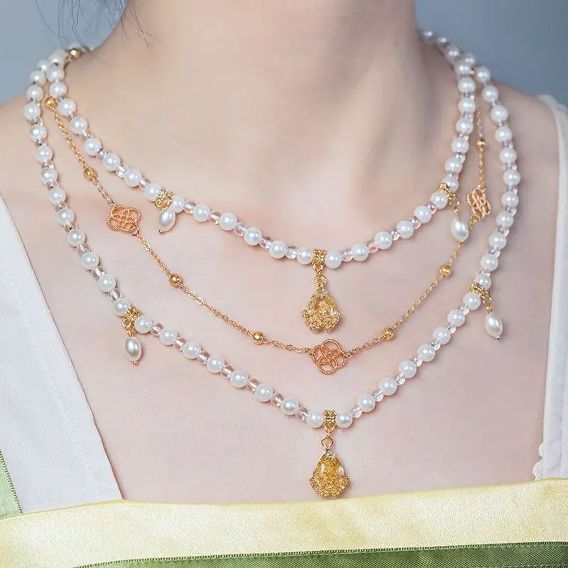 Multi-layered Pearl Necklace Chinese Style Vintage Court Tang Dynasty Hanfu Yingluo Accessories Pearl Necklace Birthday Gift