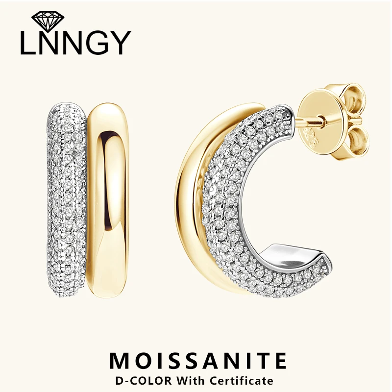 

Lnngy 925 Sterling Silver Chunk Circle Earring For Women European and American Double Layer C Shaped Moissanite Stud Earring