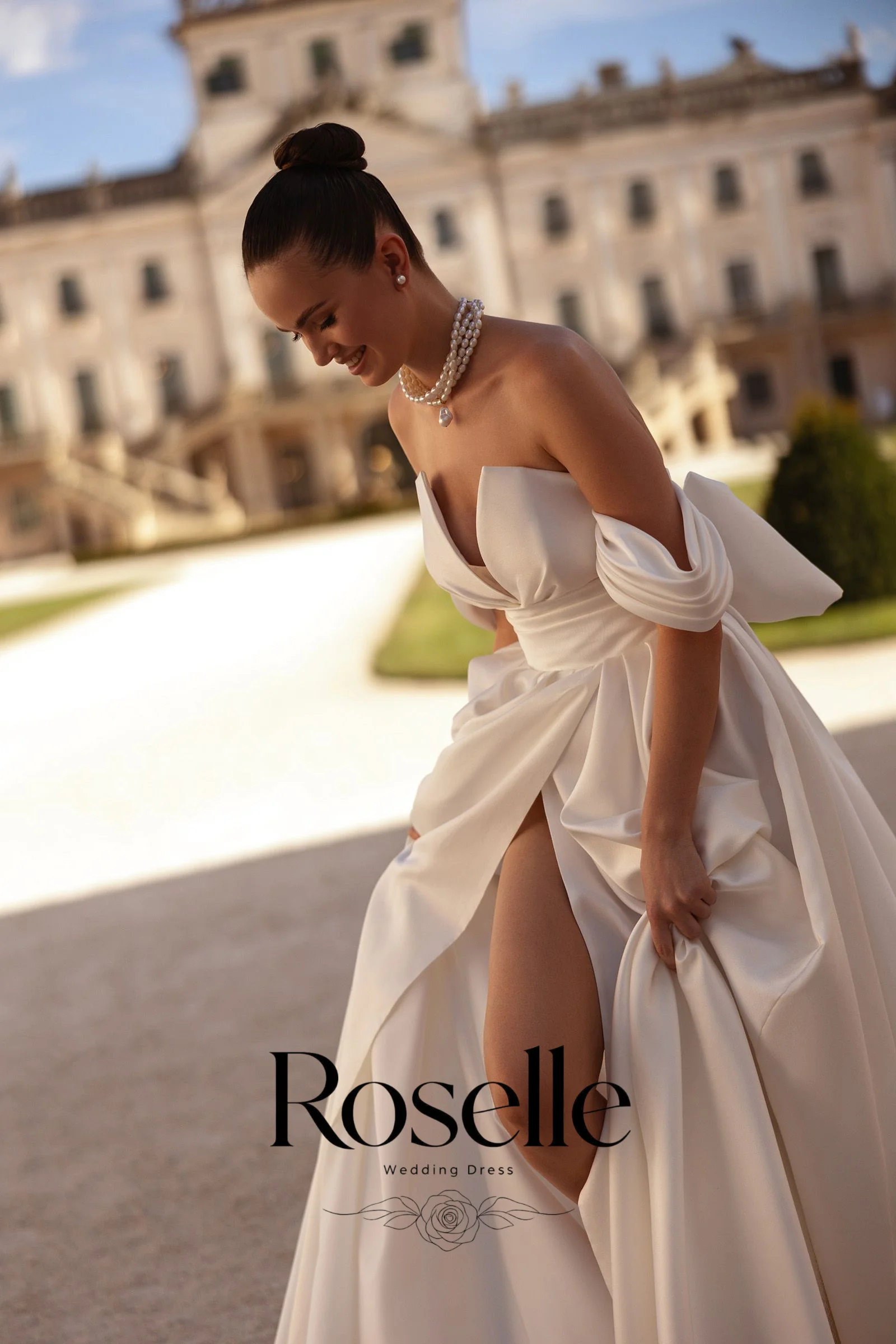ROSELLE V-Neck Sleeveless A-Line Classic Wedding Dress High Side Slit Open Back Bow 2026 Bridal Gown Customized свадебное платье