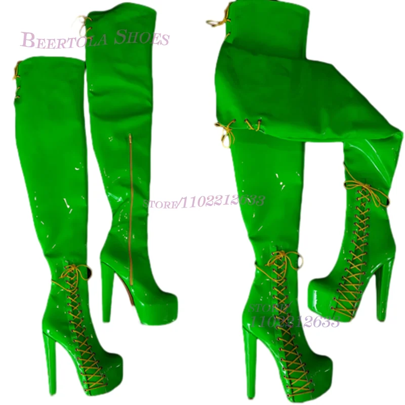 Green Bright Low Platform Side Lace-Up Boot Women Round Stiletto Half Zip Sexy Girl Cool Metallic Glitter Summer Pole Dance Shoe