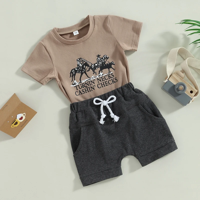 

Baby Boy Western Clothes Cute Farm Print Short Sleeve T-Shirt Shorts Set Toddler Boy Summer Outfits