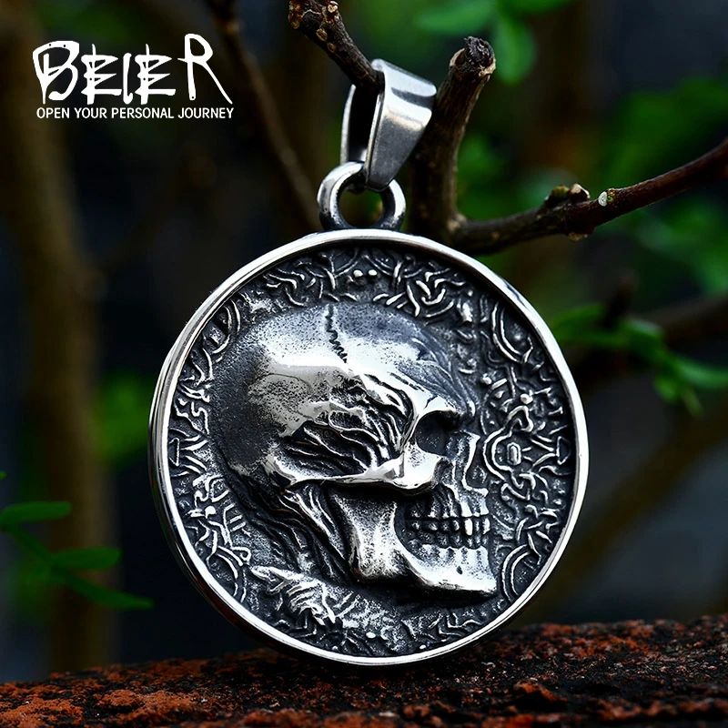 Beier Fashion Punk Stainless Steel Overpowering Double-sided Skeleton Pendant Chain Necklace Men Jewelry Gift BP8-434