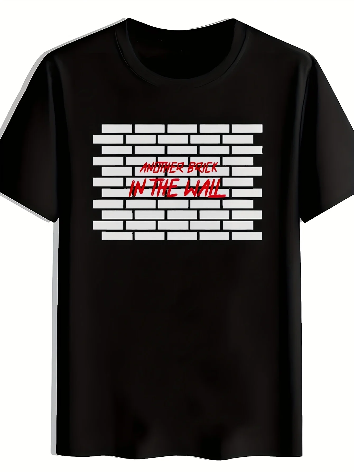 Camiseta informal negra para hombre con estampado de pared de ladrillo blanco y estampado rosa de "Another Bri in The Wall" – diseño icónico del álbum.