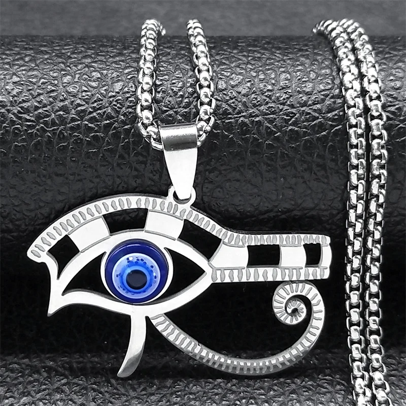 

Egypt Eye of Ra Horus Chain Necklace for Women Men Stainless Steel Silver Color Evil Blue Eye Protection Jewelry collar N9716S01