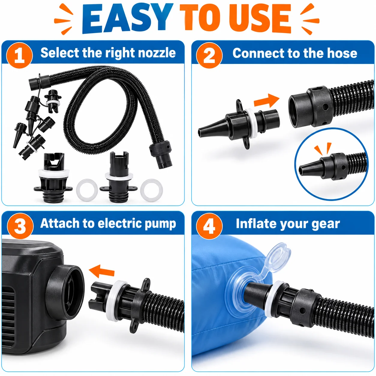 Air Hose Kit with 7 Nozzles Electric Pump Adapter for Inflatable Boat SUP Paddle Board Kayak Dinghy Water Sports Inflation Gear
