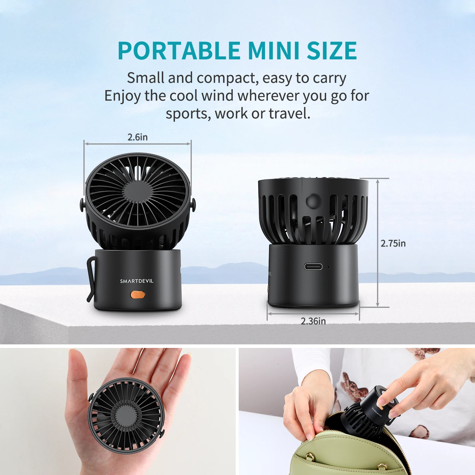 SmartDevil-ventilador portátil de mano, 1000mAh, motores duales, potente ventilador de escritorio, miniventilador para viajes al aire libre, oficina y hogar