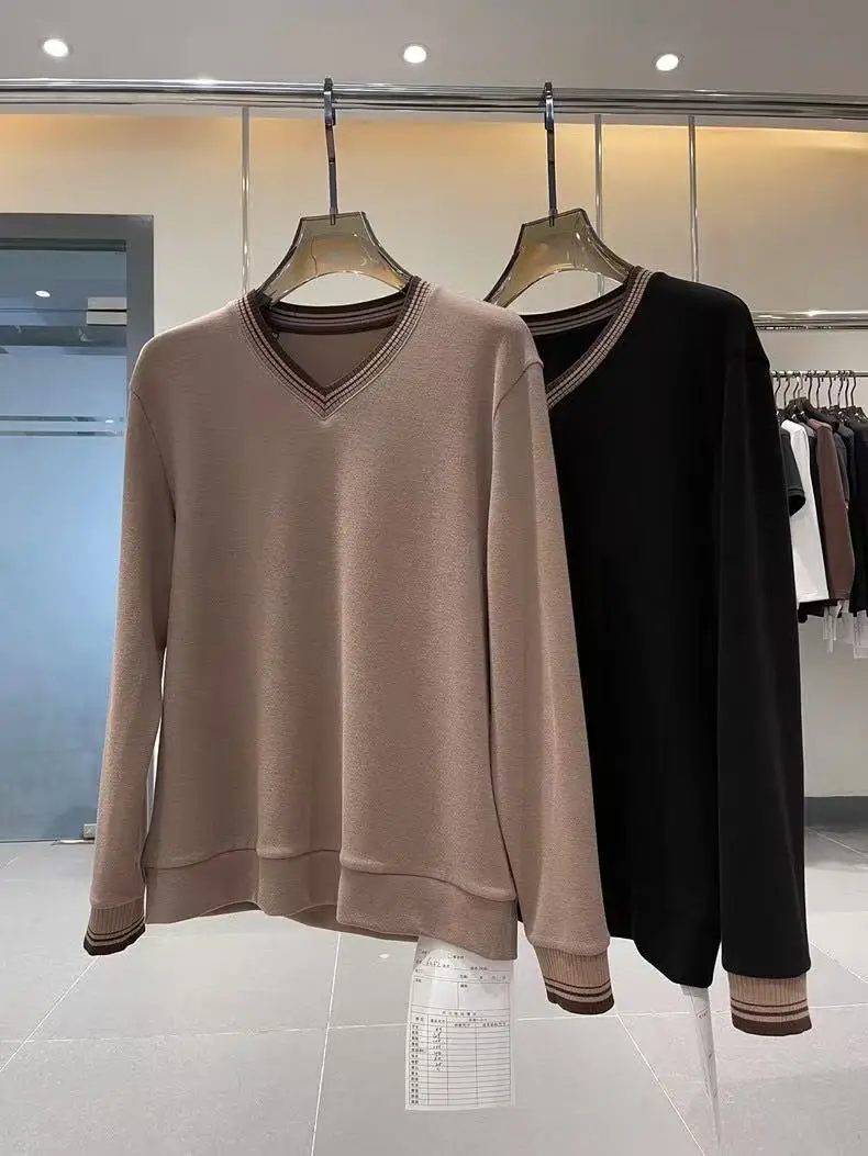 Autumn and winter new cashmere knitted V-neck pullover long sleeved T-shirt men's warm top base shirt