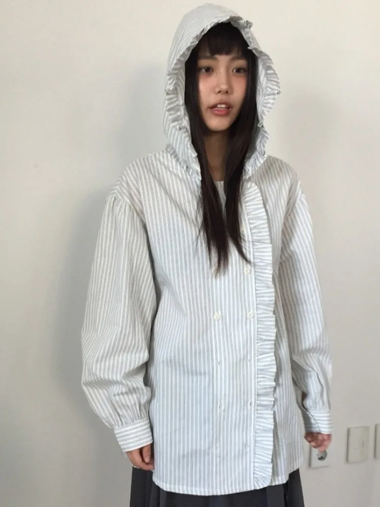 

Retro Earlet Ruffle Collar Striped irt Women's Loose Long Sve Spring New Sle Versatile Outerwear Casual Streetwear