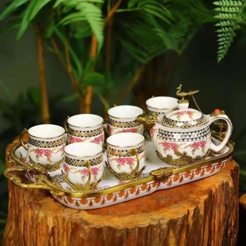 Guitar Shape Stylish Ceramic Cup Set, Decorative Brass Wood Home Decor