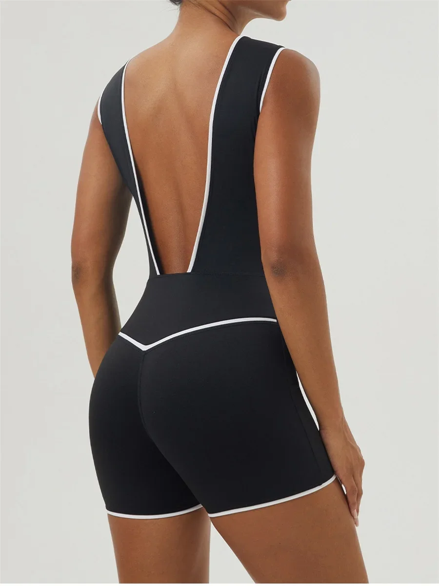

Sexy Hollow Out Backless Yoga Jumpsuit Women Black Color Blocked Patchwork Slim Fit V-shaped Hip Lifting Sport One Piece Rompers