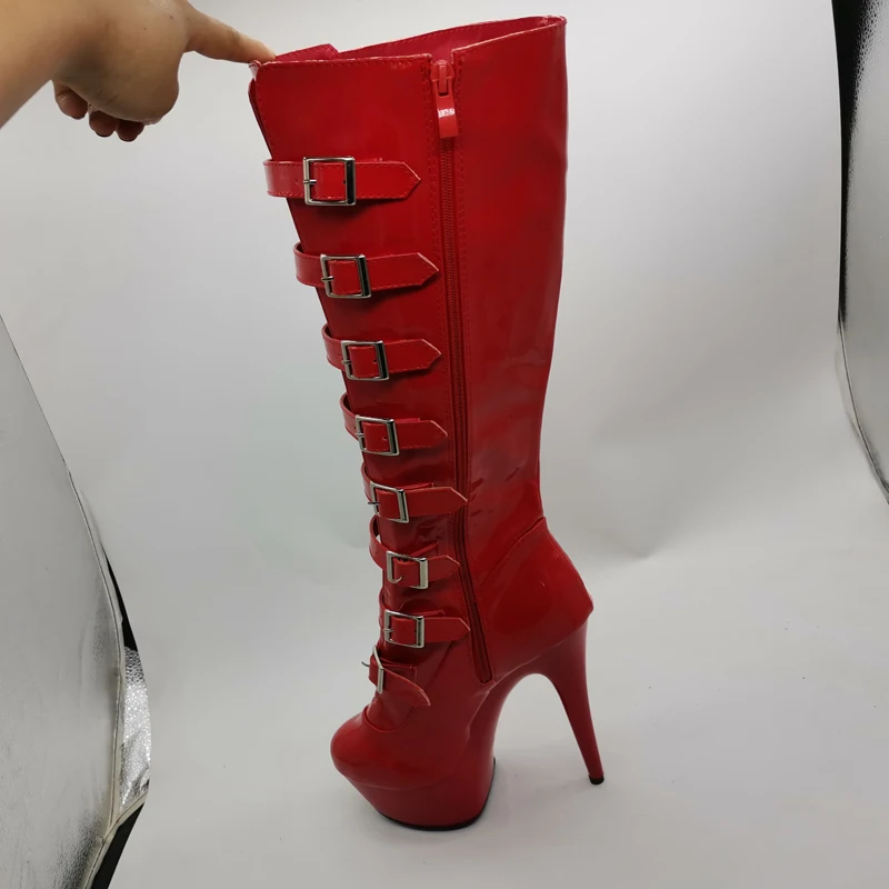 LAIJIANJINXIA New Buckle Black Knee-High Boots Women 15Cm Super High-Heeled Star Fashion Stage Boots Female Red/White