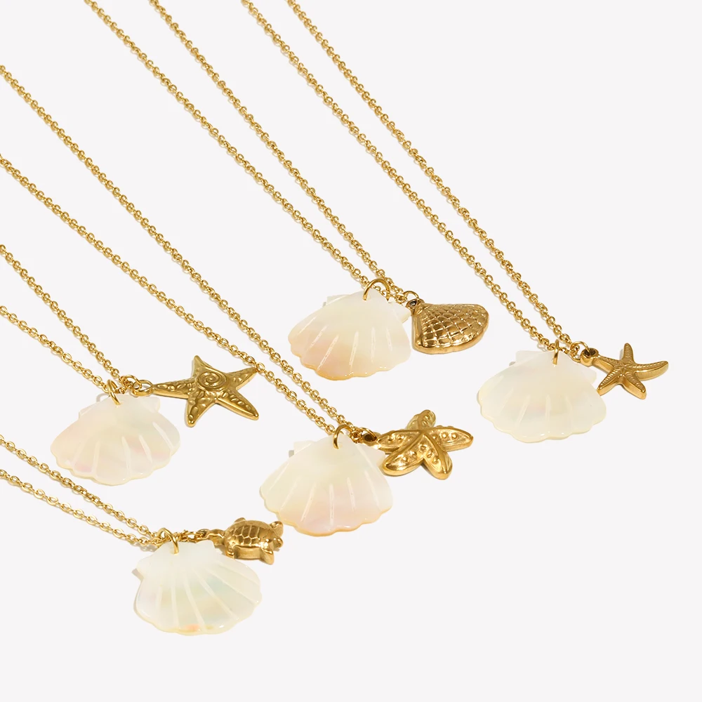 E.B.belle Summer Sea Animals Starfish Dolphin Tortoise Conch Shell Pearl Pendant Stainless steel Ladies Necklaces Jewelry Gift