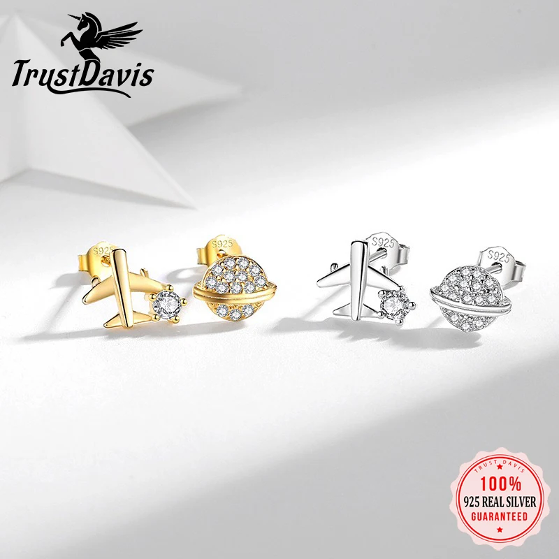 

TrustDavis стерлингового серебра 925 пробы, женские модные простые серьги с планетой и самолетом для женщин и девочек, ювелирные изделия на день рождения, подарок DS4692