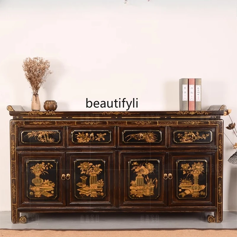 

New Chinese antique classic furniture Solid wood dining side locker gold porch decoration corridor partition cabinet decoration