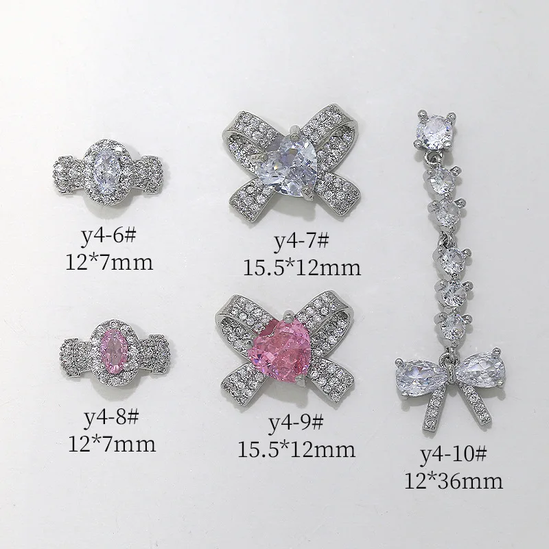 2PCS Luxury Sparkle Zircon Silver Bow Ring Pink White Love Diamonds Alloy Nail Art Rhinestones Jewel Decorations Manicure Charms