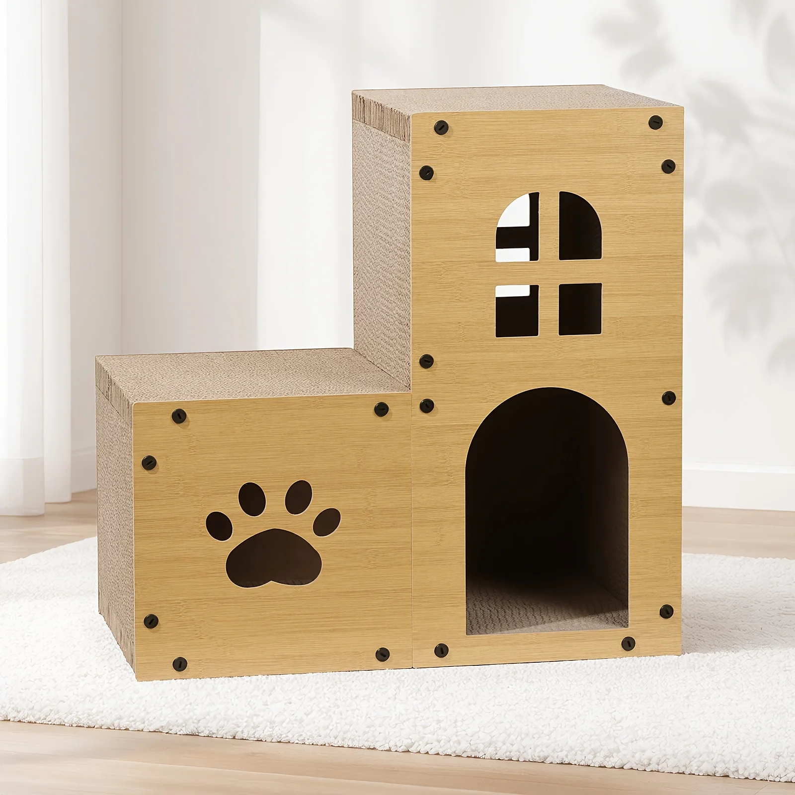 

Two-Tier Cardboard Cat Scratching House & Bed - Sturdy Scratch Pad for Cats, Ideal for Play, Relaxation & Rest, Aids in Furniture Protection
