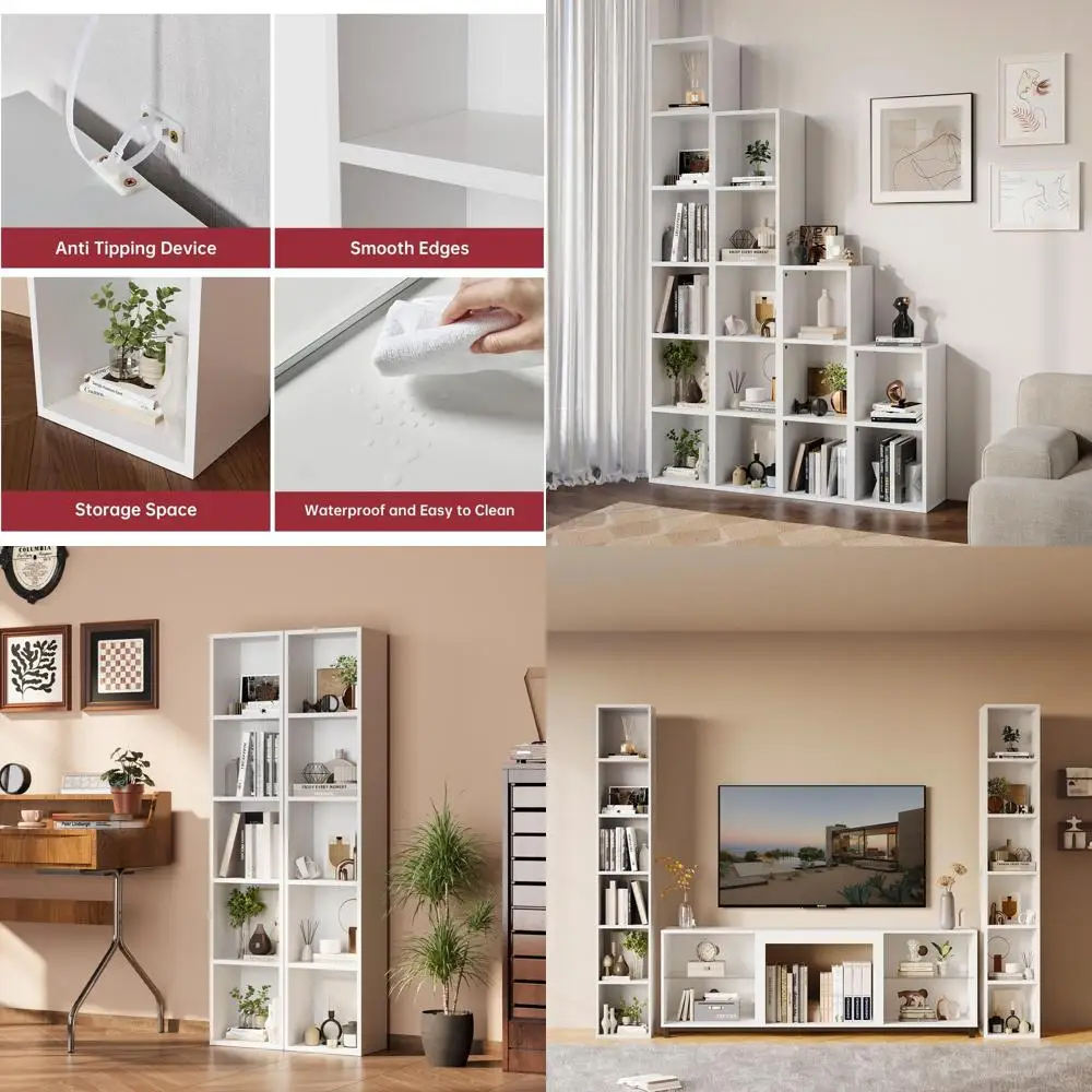 5-Tier Tall Narrow Bookshelf, Cube Display Rack with Storage, White, Ideal for Books, CDs, Home or Office