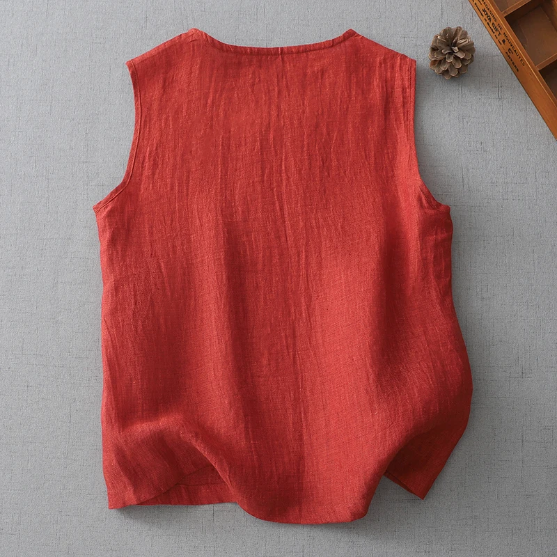 Lekki bawełniano-lniany top na ramiączkach z kwadratowym dekoltem, luźny krój, letnia moda damska.