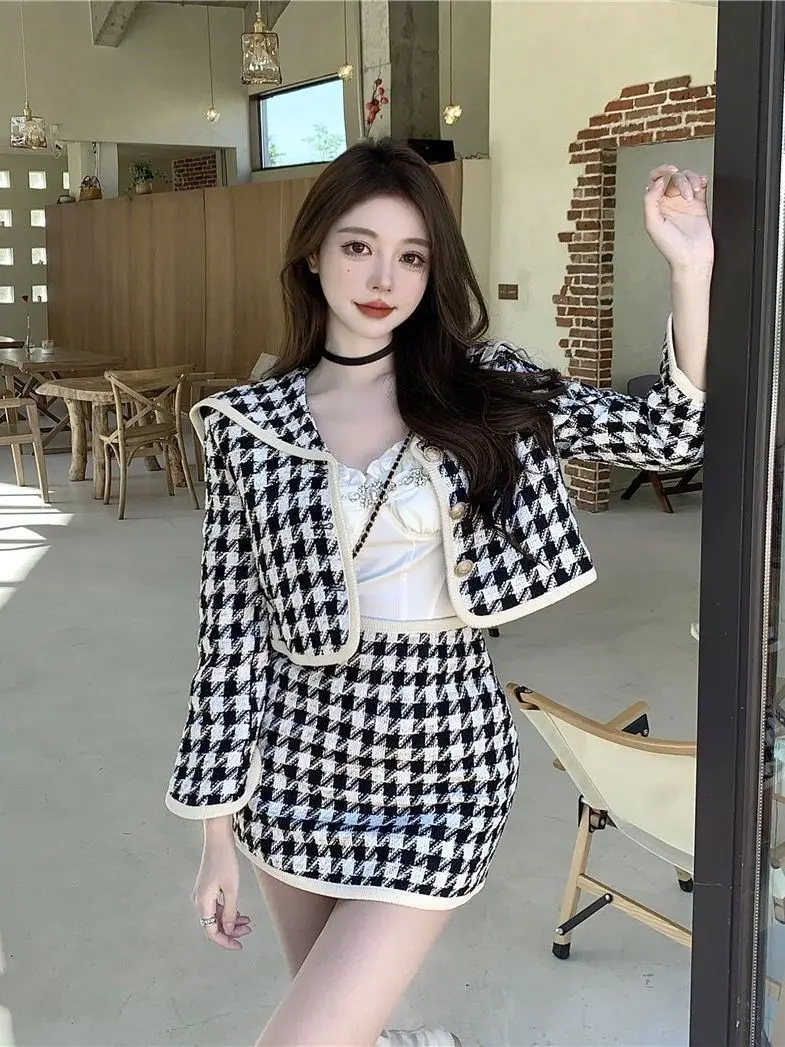 Herbst Frauen Französisch Elegante Zwei Stück Set Patchwork Abnehmen Design Blazer und Rock Set Casual Veranstaltungen Chic Warme Tweed Anzug 2025