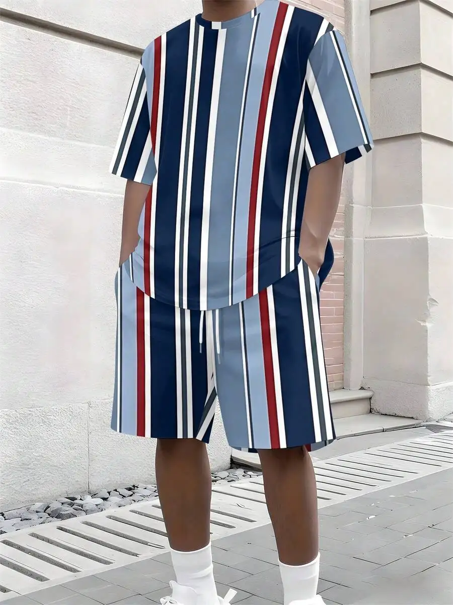 

Mens Striped Short Sleeve T-Shirt And Shorts Set Blue White Red Vertical Stripe Casual Beach Vacation Outfit