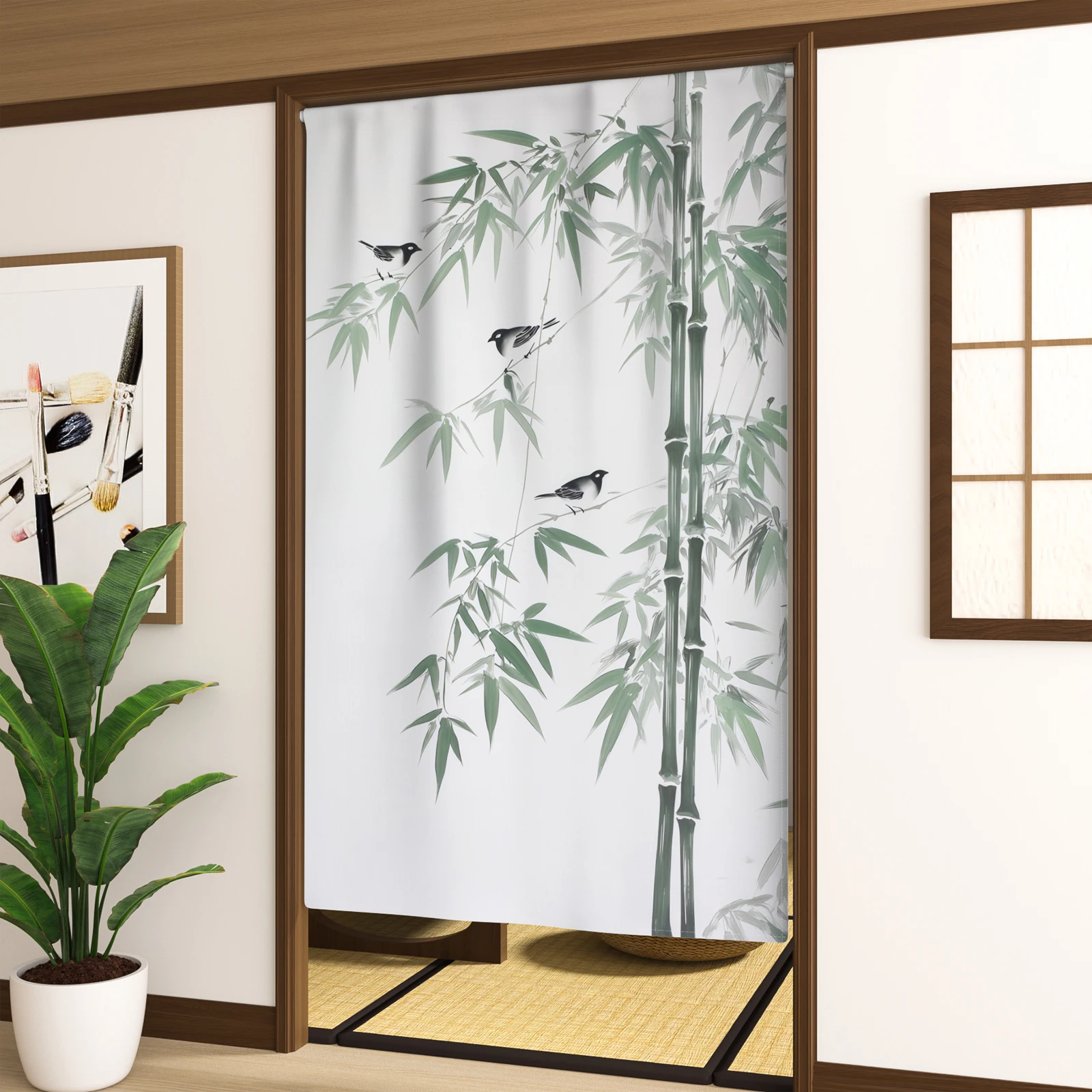 Chinese Ink Wash Bamboo Bird Linen Door Curtain Elegant Zen Style Decor for Tea Room Study Japanese Home Wall Decor Room Divider