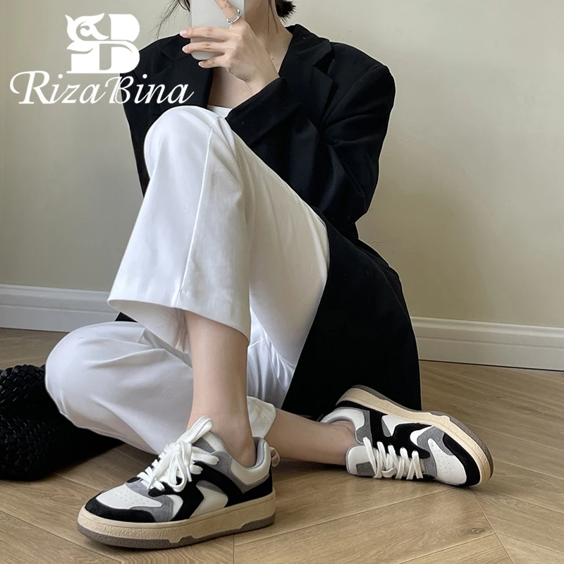 RIZABINA Women Sneakers Real Leather 2023 Spring Flats Shoes Woman\'s Ins Style Daily Lady Home Casual Footwear Size 35-40