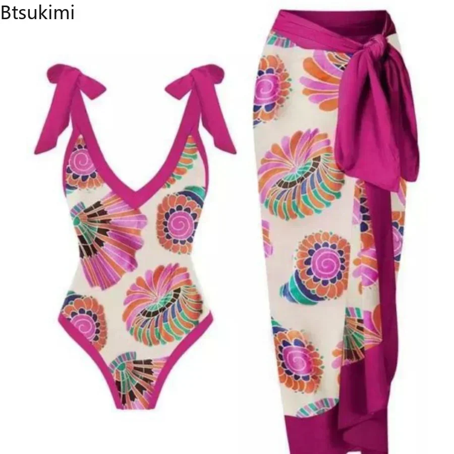 2025 New 2-Piece Women Bikini Set Bodysuit Skirt Cover Ups Sets Women Swimsuit Bandage Bathing Fashion Print Splice Beach Suit