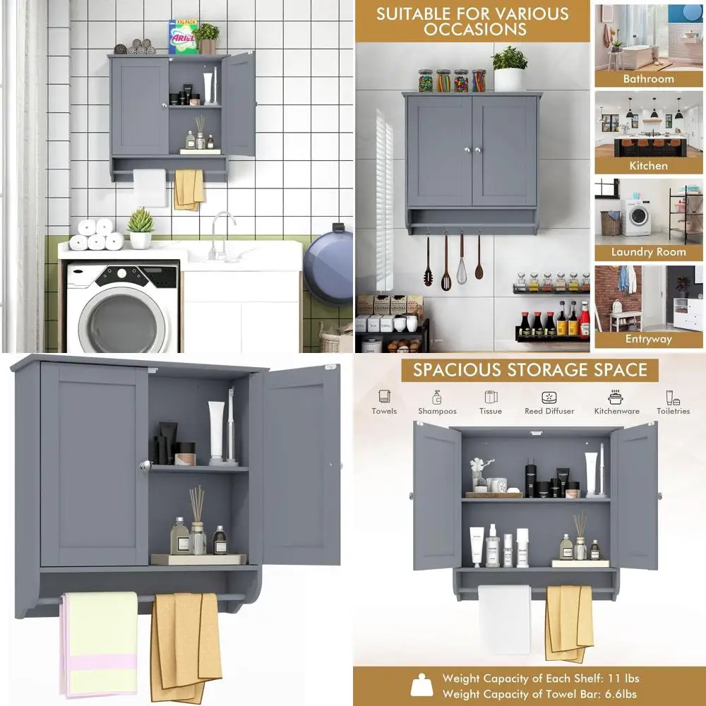 

Настенный медицинский шкафчик серого цвета с полкой, двойными дверцами и регулируемой полкой для ванной комнаты, для хранения над унитазом, подходит для