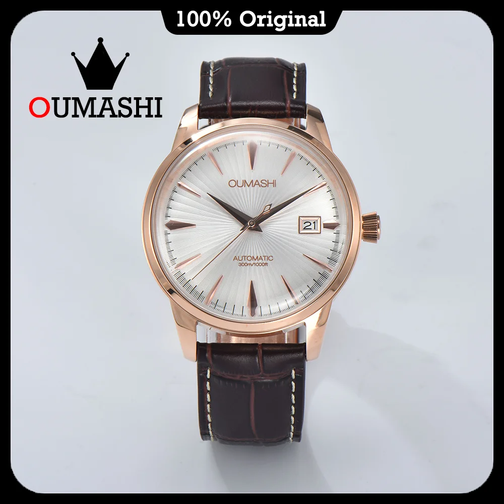 NH35 watch high-end luxury cocktail style rose gold stainless steel case sapphire glass leather strap OUMASHI men\'s watch