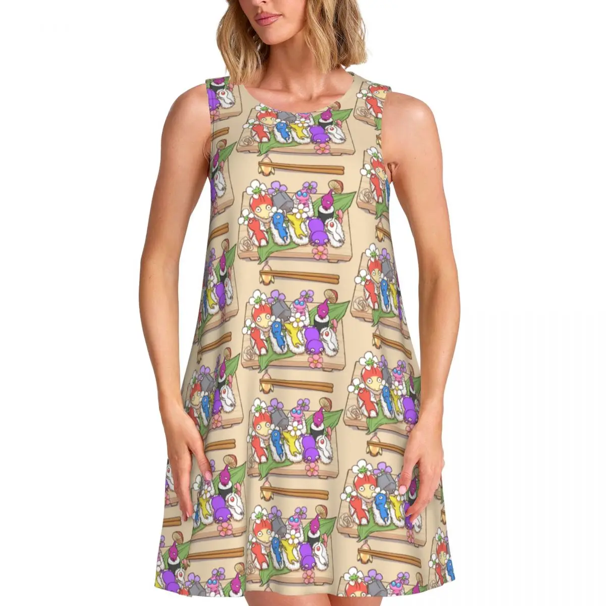 

Custom Cute Pikmins Gaming Loose Sundress With Pocket Print Anime Cartoon Women's Sleeveless Dress For Beach Vacations Dress