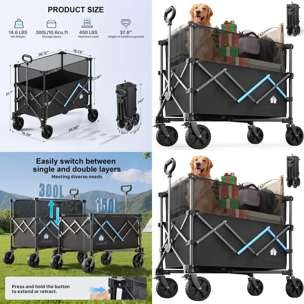 

Складная универсальная тележка с тормозом, грузоподъемность 450 фунтов, вседорожные колеса, съемный чехол, регулируемый объем 150-300 л для использования на улице