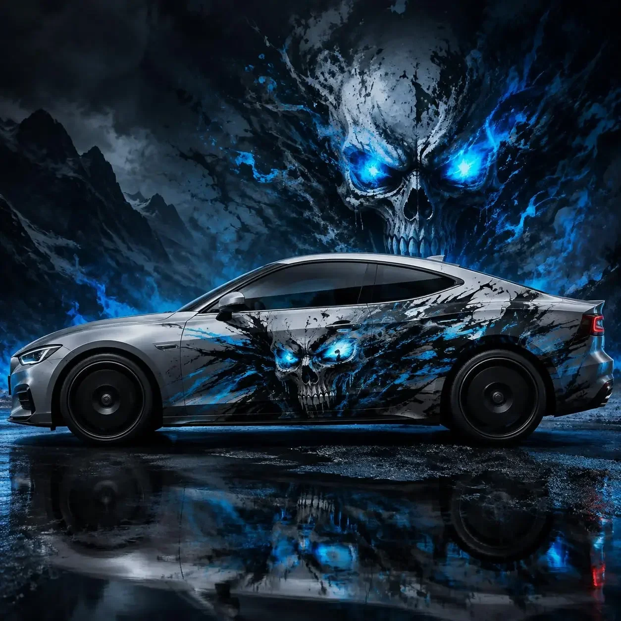 Skull Car Wrap Vinyl Decal, Blue Glowing Eyes Dark Art Design