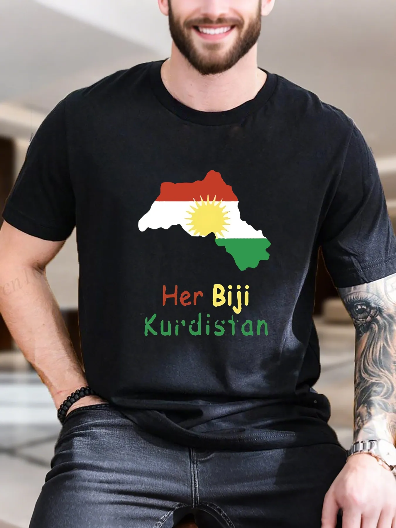 

New Arrival Fashion Men's Graphic Print T-Shirt Kurdistan Map Sun Design 100% Cotton Breathable Tee Comfortable Casual Fit Trend