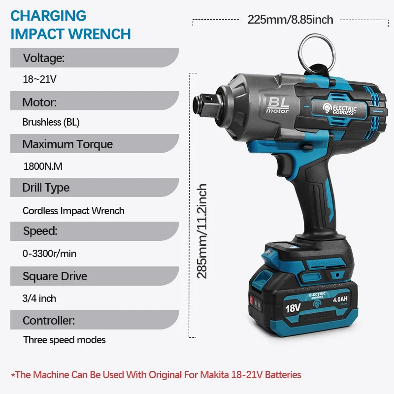 Electric Goddess 1800N.M Brushless Electric Impact Wrench 3/4 inch Cordless Torque Wrench Battery Tools For Makita 18V Battery