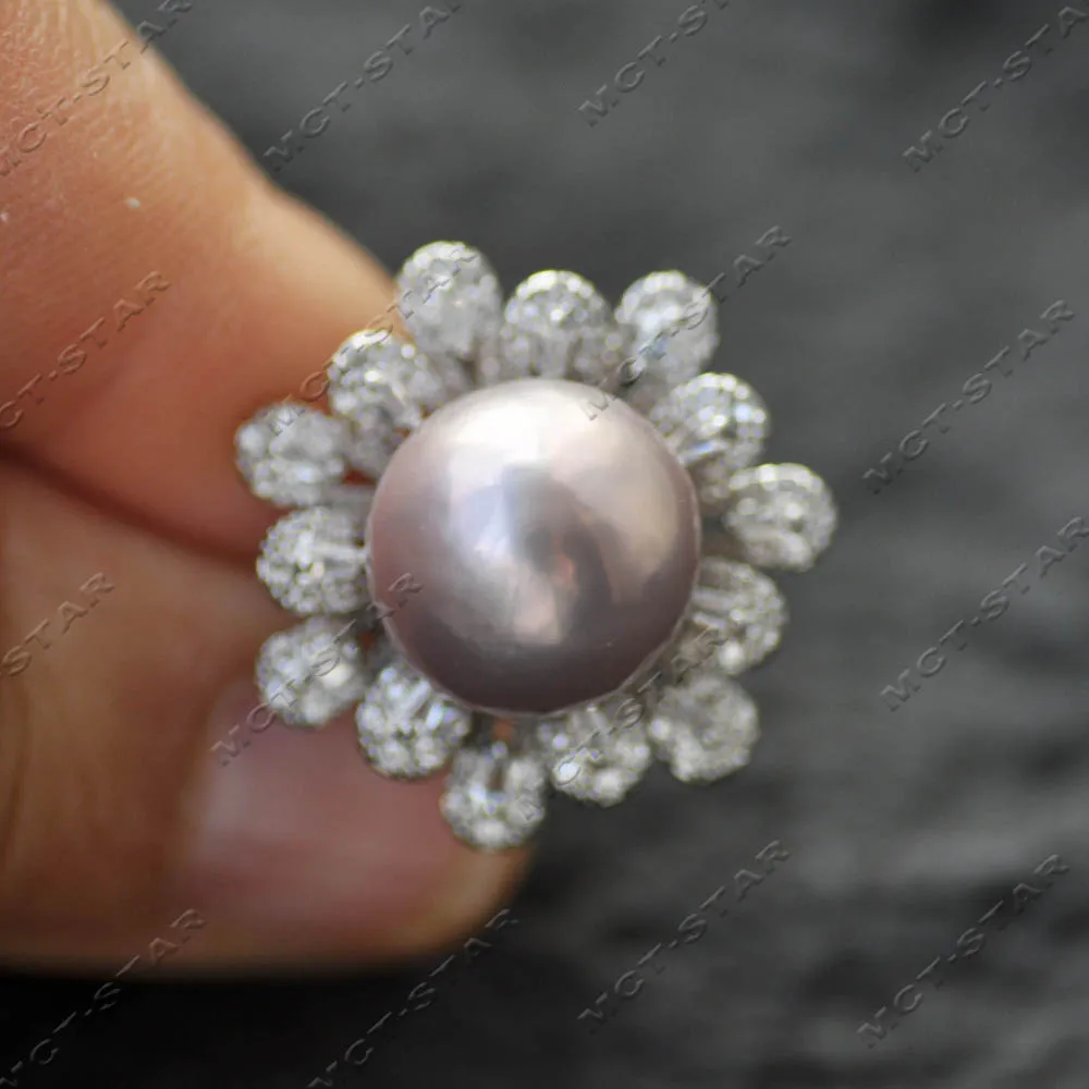 

Z14474 13mm Lavender Round Edison Keshi Pearl All Zircon CZ Flower Ring 925silver