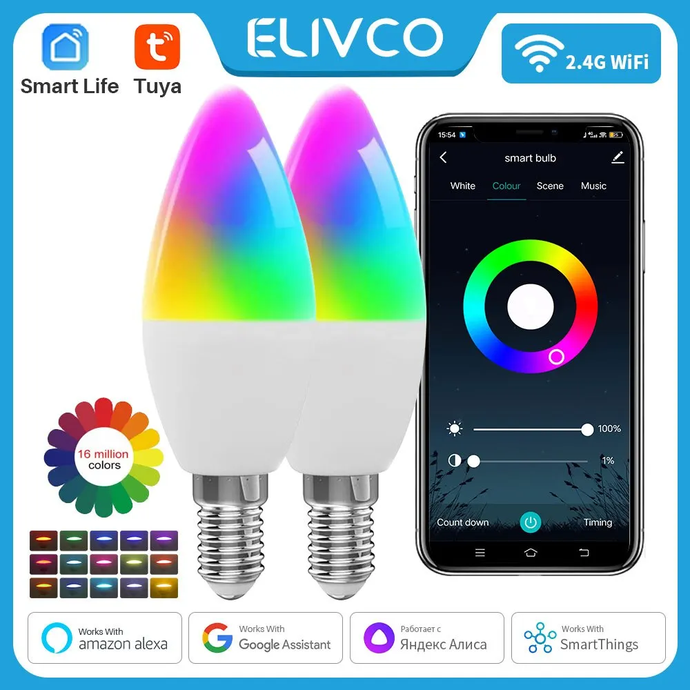 Tuya Smart Light Wifi Bulb Dimmable E14 Candle Lamp AC85-265V RGB+CW 5W Tuya Smart Life Support Alexa Google Home Alice