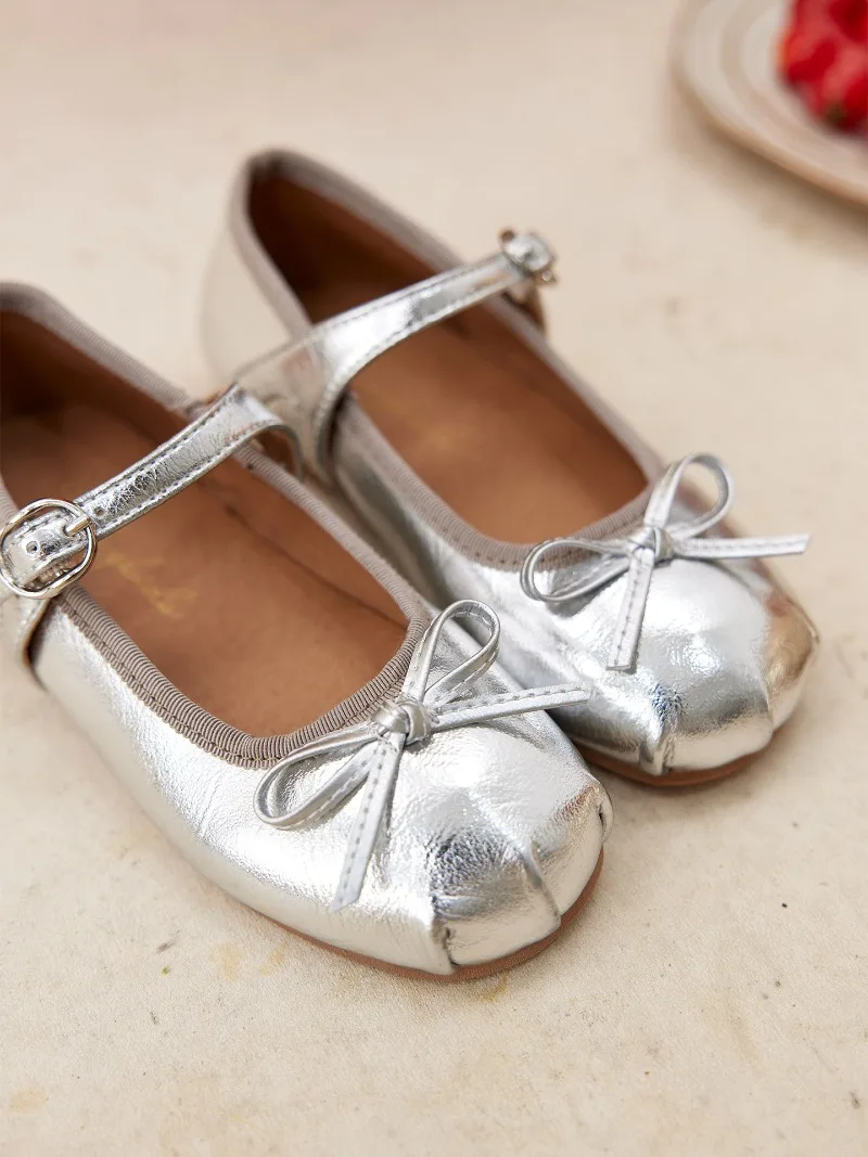 Ballet Style Girls Metallic Mary Jane Flat Shoes Bow Buckle Strap Kids Princess Wedding Party Ballet Dress Shoes Gold Silver