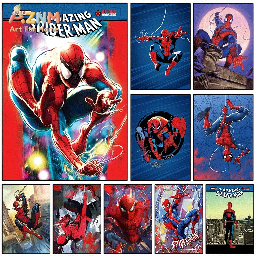 Vibrant Comic‑Style Spider‑Man Superhero Canvas Wall Print, Marvel Hero City Swing Action Art Poster, Unframed Canvas Painting