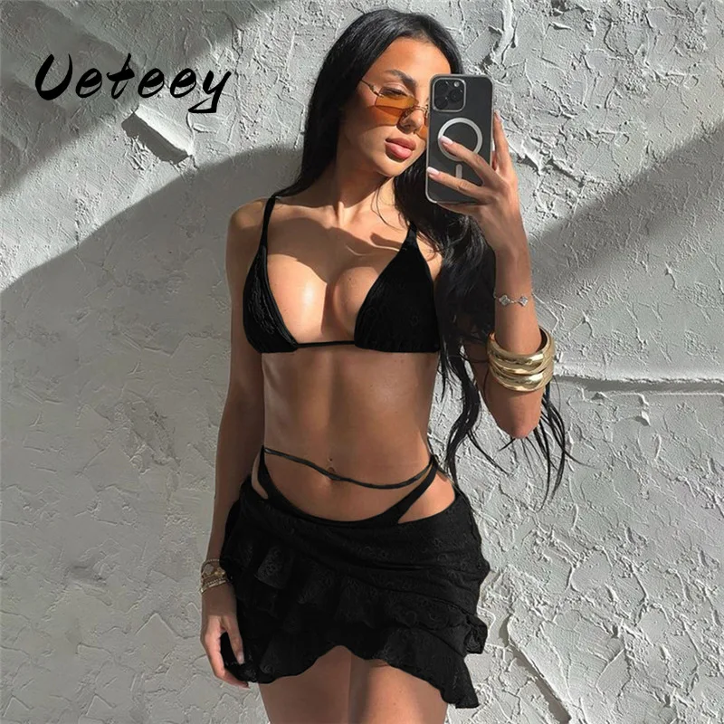 Ueteey Sexy Lace 3 Piece Set Women Y2K Beach Vacation Double Deck Bra+Panties + Irregular Ruffle Hem Skirts Midnight Clubwear