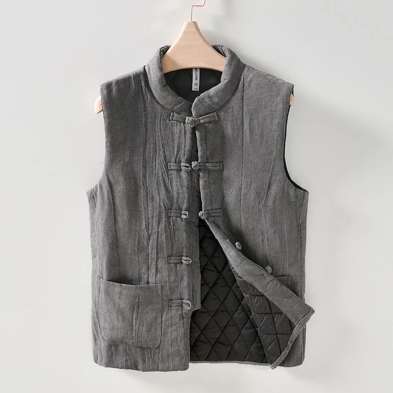 

Chinese Style Men's Vintage Coats Stand Collar Breathable Cotton Linen Waistcoats High Quality Dual Pockets Sleeveless Warm Vest