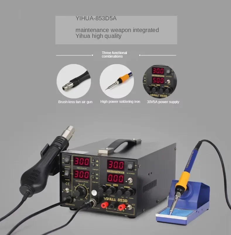 TLF YIHUA 853D 5A Estação de retrabalho de ar quente 5A DC Fonte de alimentação 3 em 1 Funções Estação de ferro de solda de retrabalho