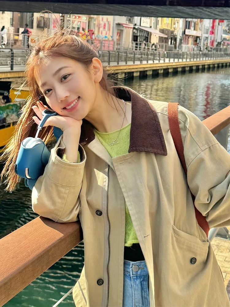 Casual ort Jaet Women's Windbreaker Stand Collar Splicing Loose Coat Ladies' Commuter Sle Button ket Detail Cotton B...