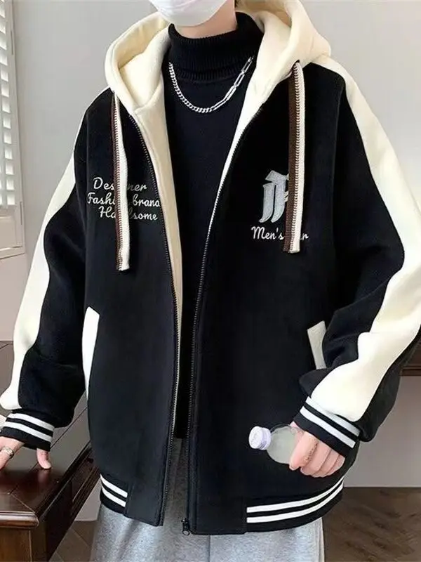 

Spring Autumn Men's Hooded Baseball Jaet Loose Fit Hong Kong Sle Casual Sportswear for Teenagers Large Size Trendy Coat