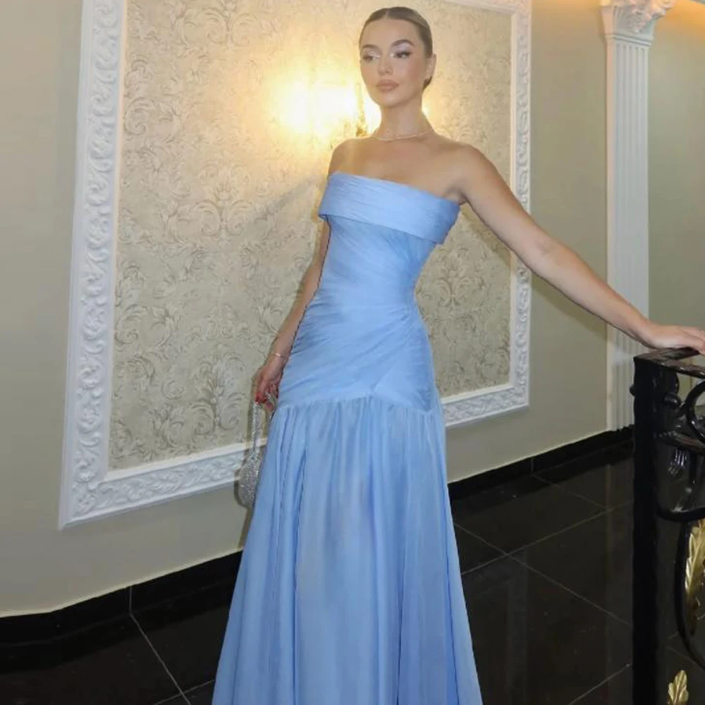 Customized Strapless A Line Evening Dresses Pleat Chiffon Wedding Guest Gown Ruched Blue Womens Summer Maxi Dress