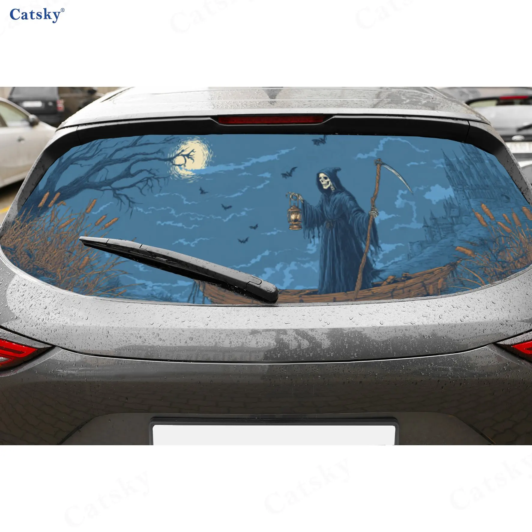 

Dark Fantasy Boatman Thrill PVC Perforated Car Vinyl Wraps, Durable Car Rear Windshield Sticker, Waterproof Car Rear Window Deca