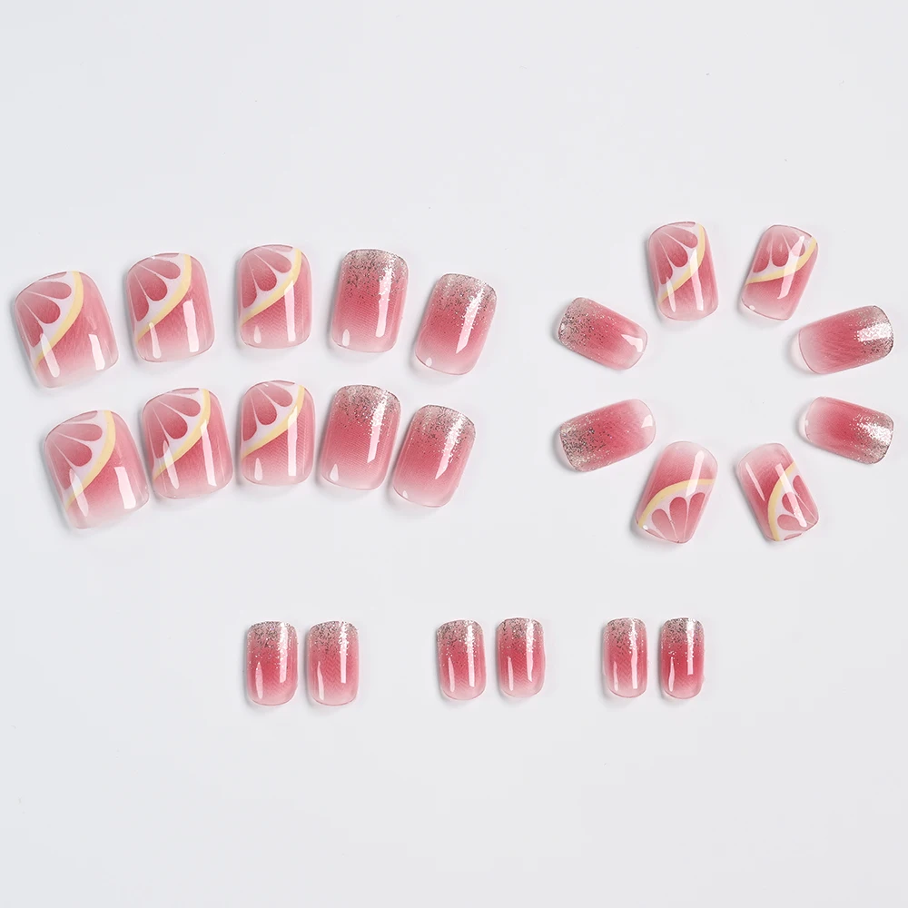 24pcs 3D Cheek Blush Pink Glitter Short Squre Wearable Nails Lemon Design Fake Nails Glossy Full Cover Nails For Women & Girls *