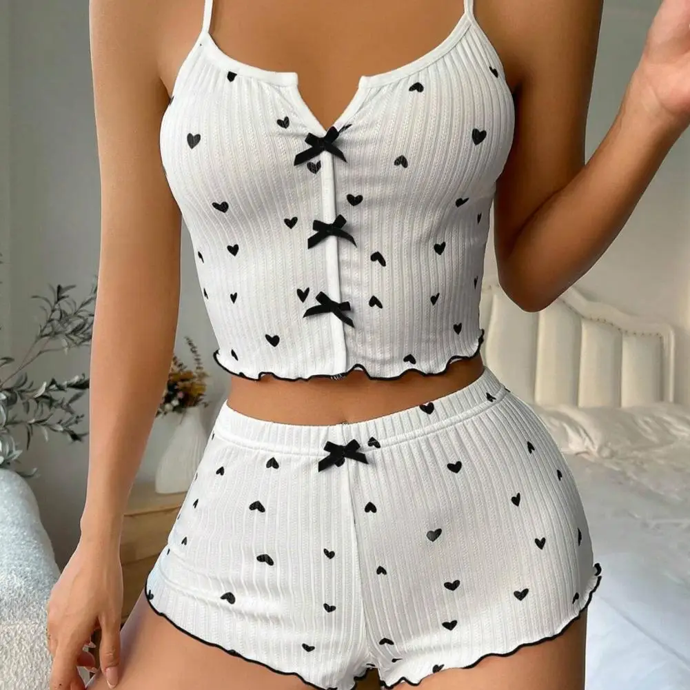 2Pcs/Set Lady Homewear Top Shorts Suit Heart Print Sleeveless Backless Vest Elastic High Waist Short Pants Camis Shorts Outfit